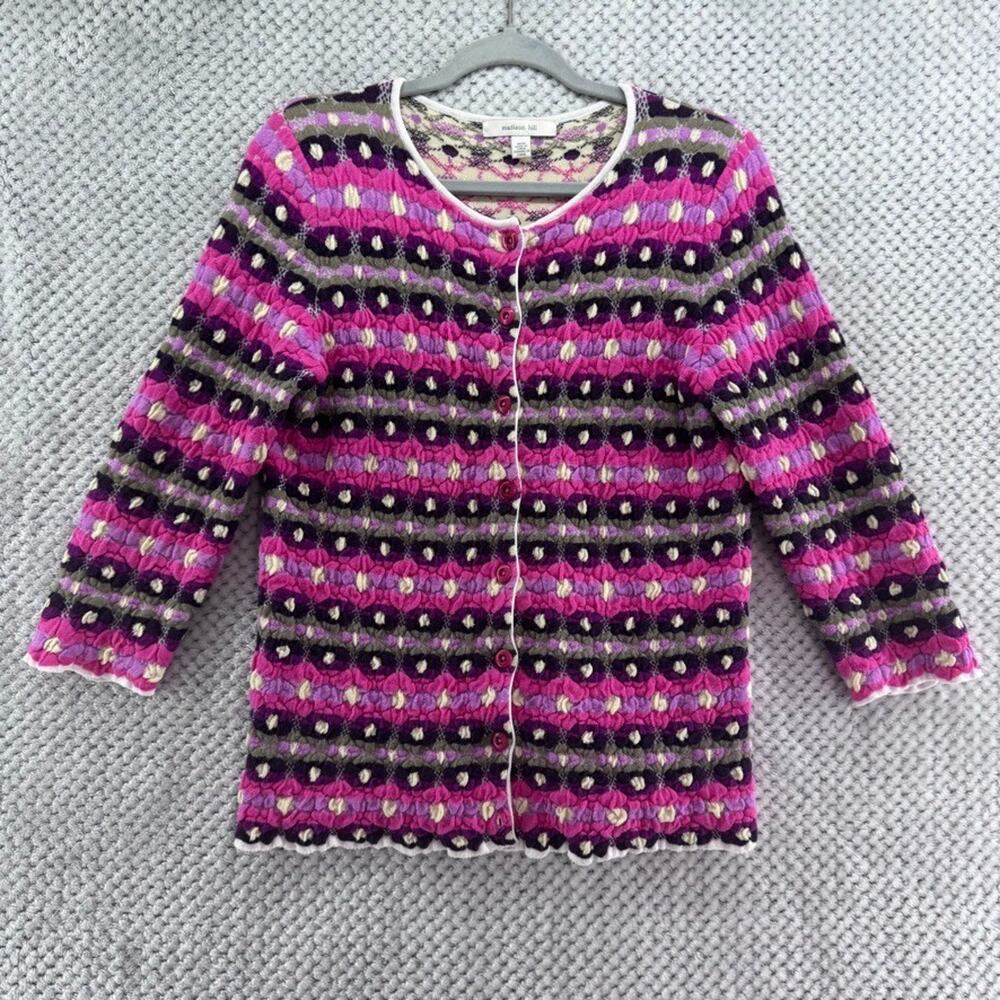 Madison Hill Crew Cardigan Womens M Pink Purple Floral Knit Soft Textured 70s